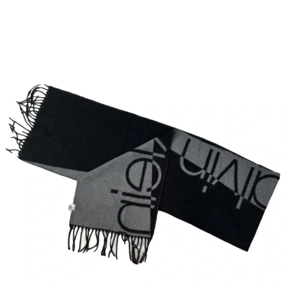 CALVIN KLEIN Scarf Two Tone Logo Fringed Black Grey Colorblock Knit - Picture 3 of 3